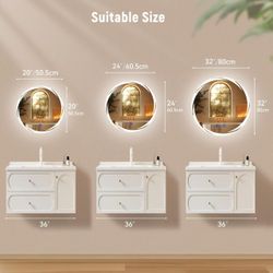 Bathroom smart mirror with three-color LED lights, 24”x24 round bathroom mirror,