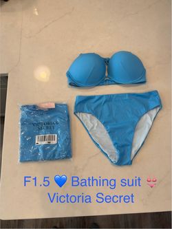 Victoria's 💙 Secret Sky Blue Ribbed Strapless Bikini Set 👙 size 36C / M/L
