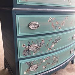 So Pretty Vintage Dresser In Deep Teal Gold And Peacocks 