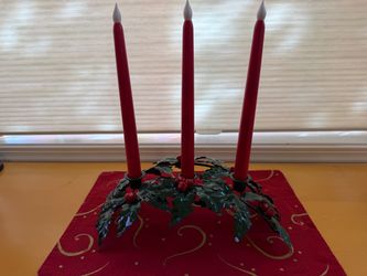 Vintage Metal Christmas Holly Centerpiece Candelabra (Holds 3 Taper Candles)