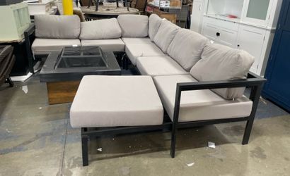 AS IS Assembled Outdoor Aluminum Patio Sectional Sofa Set & Wood Burning 36-Inch Steel Fire Pit