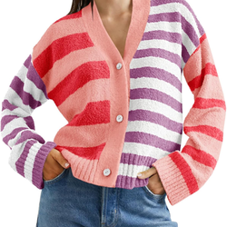 Womens Striped Cardigan Sweaters V Neck Open Front Button Up Color Block