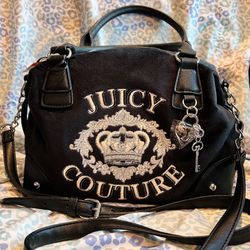 New Black Juicy Couture Purse Handbag Satchel Bag Crown Velour Vintage Style