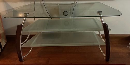 Glass and Wood TV Stand with Shelves