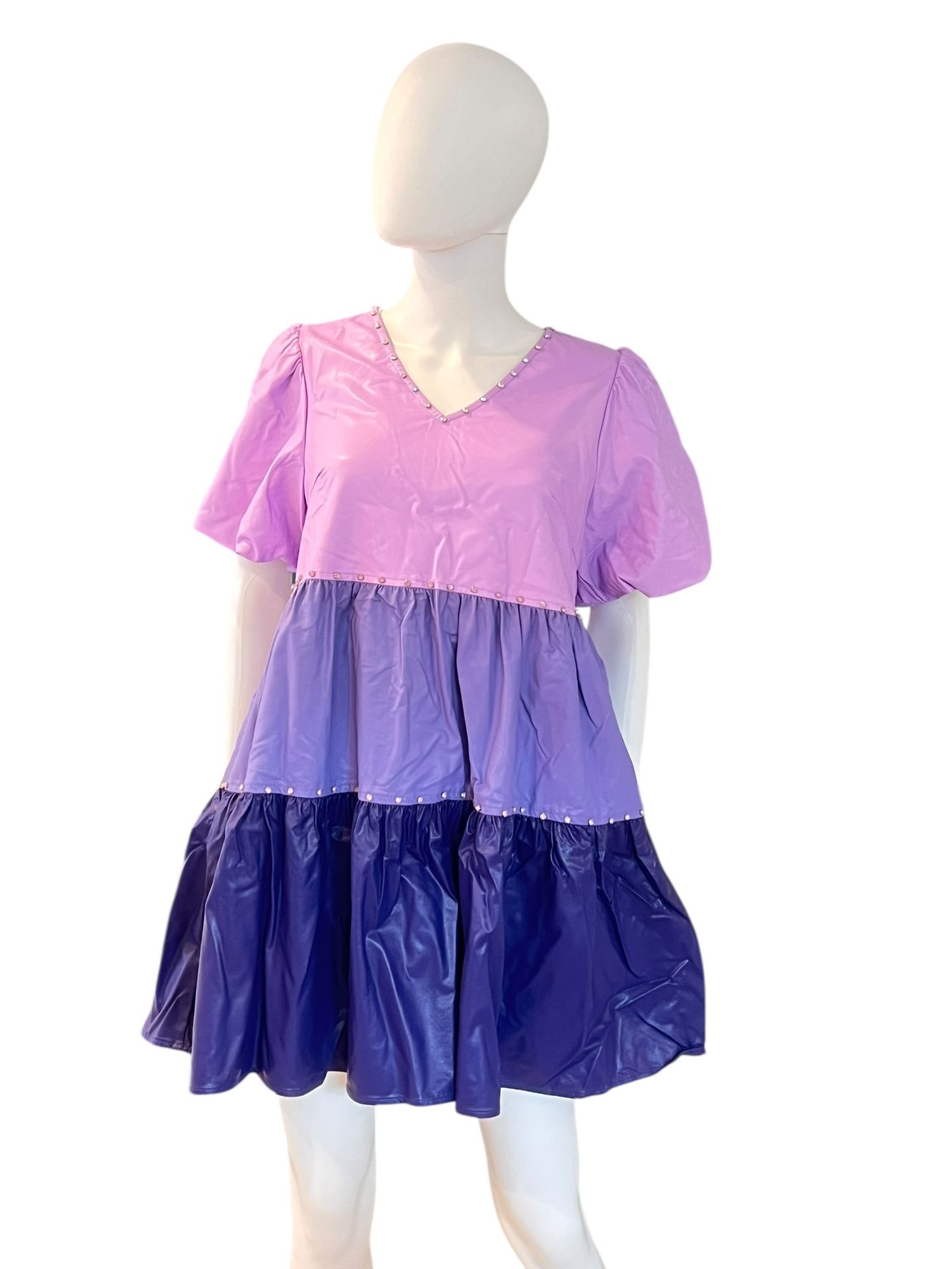 PEACH LOVE CALIFORNIA pleather Rhinestone Accent Tiered Mini Dress Sz Large