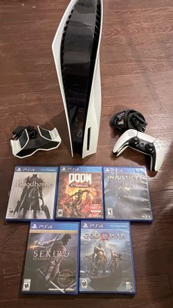 Playstation 5 disc edition console with 5 games and controller charger