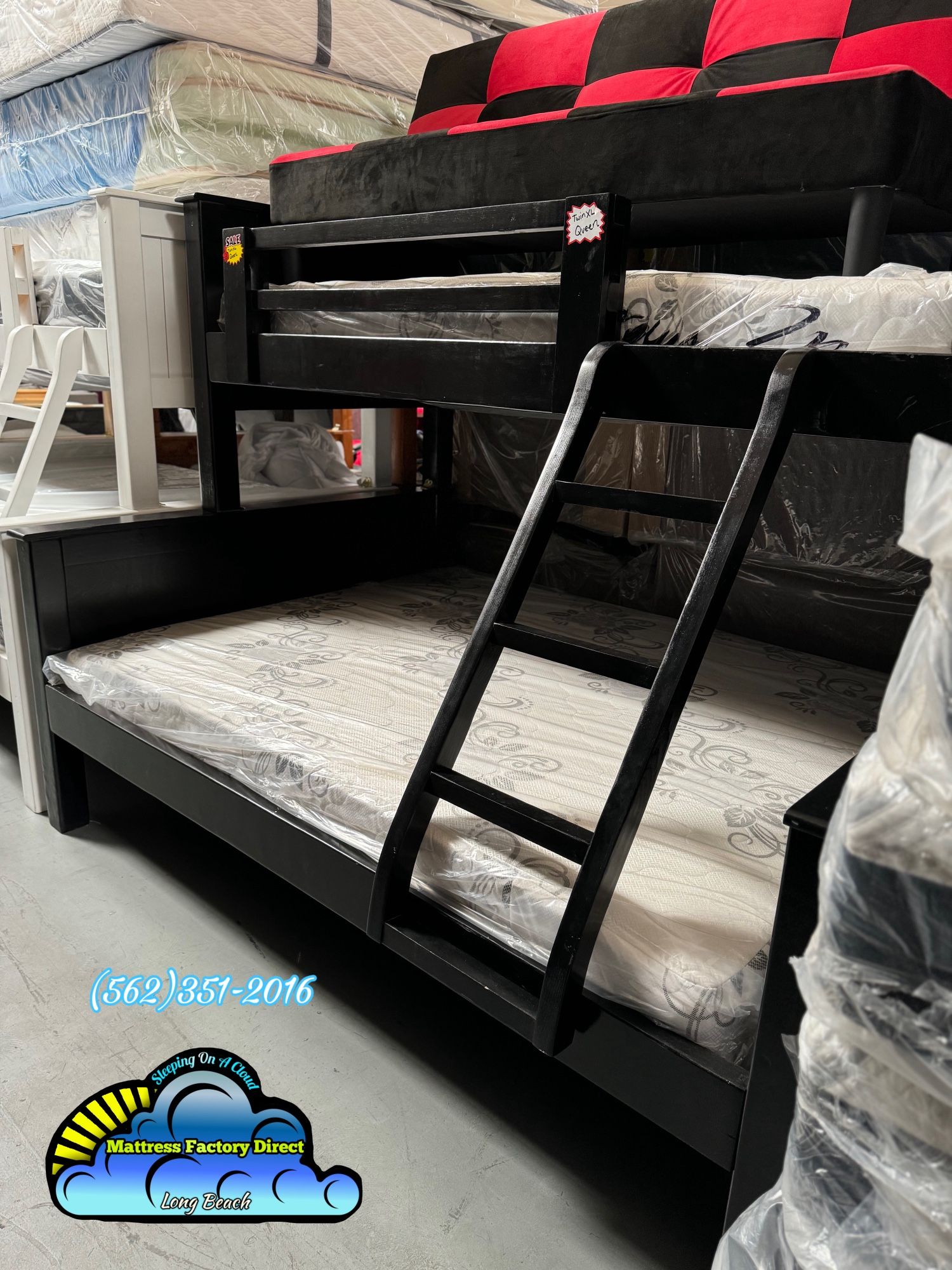 Twin XL Over Queen Bunk Bed Black Heavy Duty Wood With Mattresses Bundle Set