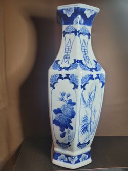 Vintage Blue and White Hand Painted Hexagon Vase Thumbnail