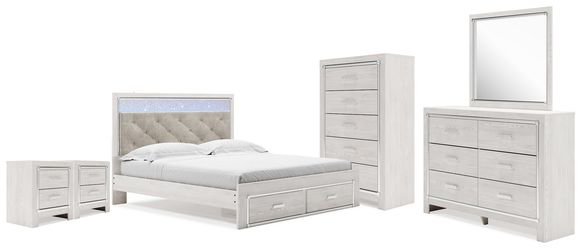 Altyra White King Platform Storage Bed, Dresser, Mirror, Chest and 2 Nightstands