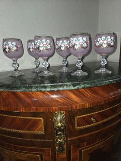Vintage Pink Bohemian Satin Crystal Wine Goblets - Set of 6 (High Enamel & Gold) 🌸