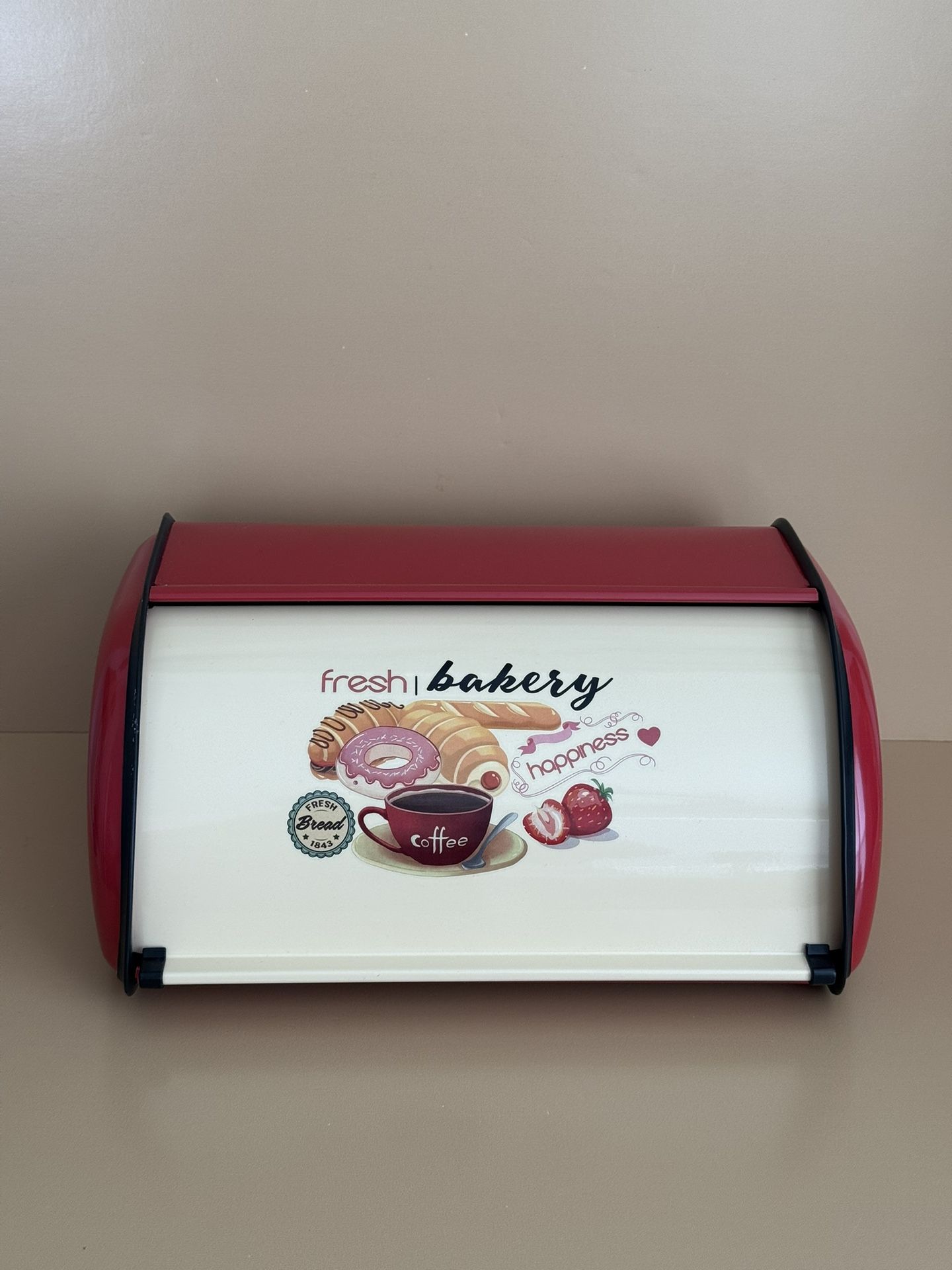 Retro Red/Cream “Fresh Bakery Happiness” Metal Bread Box 