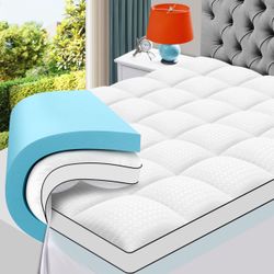 MASVIS Queen Size Dual Layer 4 Inch Memory Foam Mattress Topper, 2 Inch Gel Memory Foam and 2 Inch Cooling Pillow Top Mattress Pad Cover for Back Pain