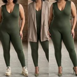 FCT Basics olive green seamless ribbed  Sleeveless Full-Body catsuit Size XL