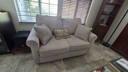 Beige Gray love seat couch sofa