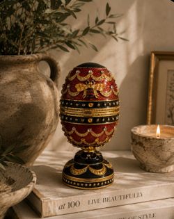 Vintage Fabergé Style Jeweled Egg Music Box – Ruby Red & Black Enamel Trinket Box