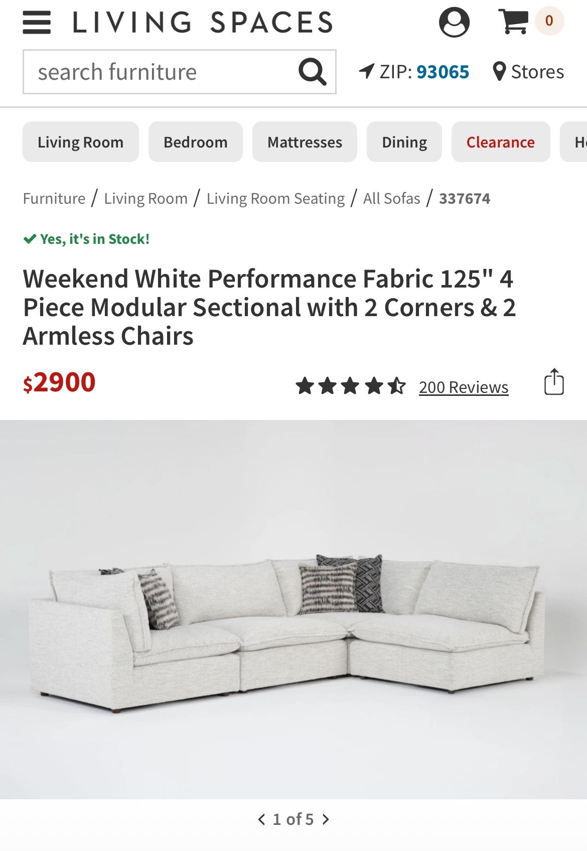 Weekend White Performance Fabric 125" 4 Piece Modular Sectional with 2 Corners 2 Armless Chairs