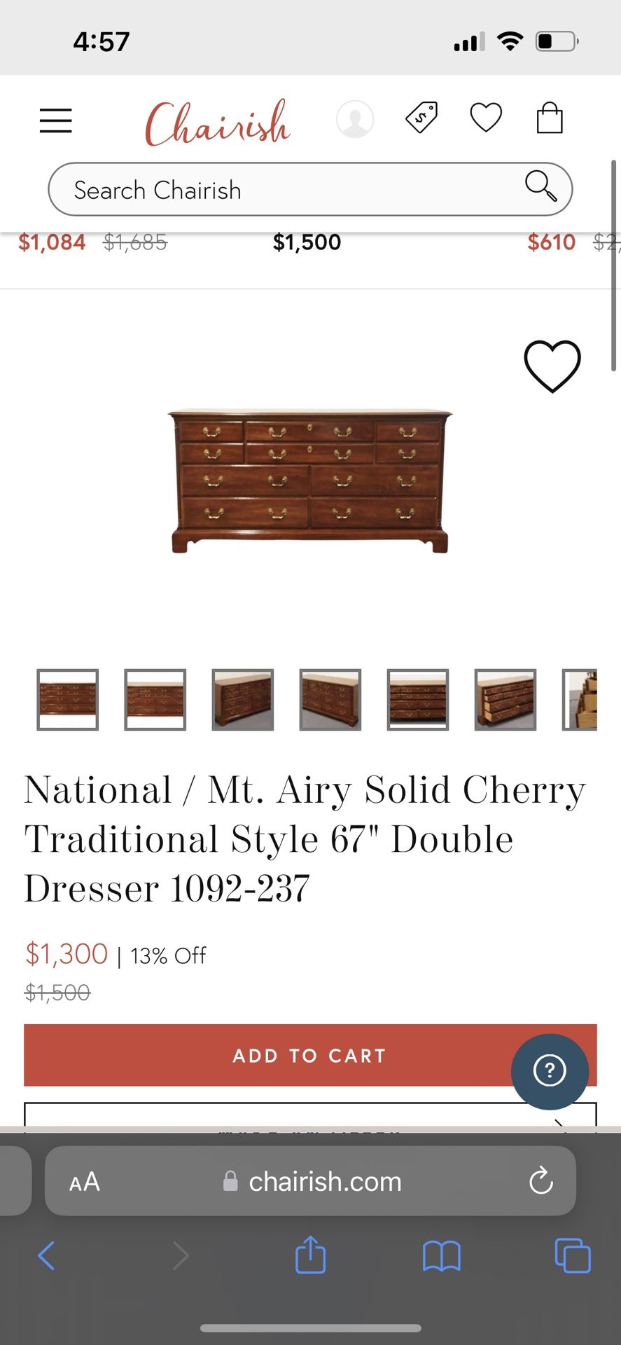 National / Mt. Airy Solid Cherry Traditional Style 66" Double Dresser