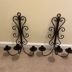 Two Black Wrought Iron Tri Candle Holders