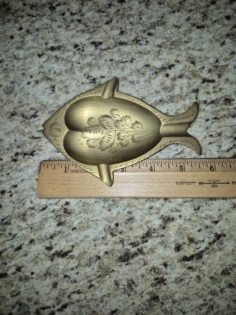 Vintage Etched Brass Fish Ashtray/Trinket Tray