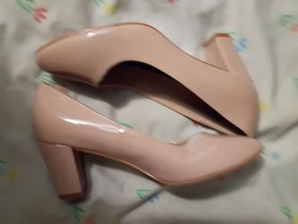 Nude Patent Block Heel Pumps