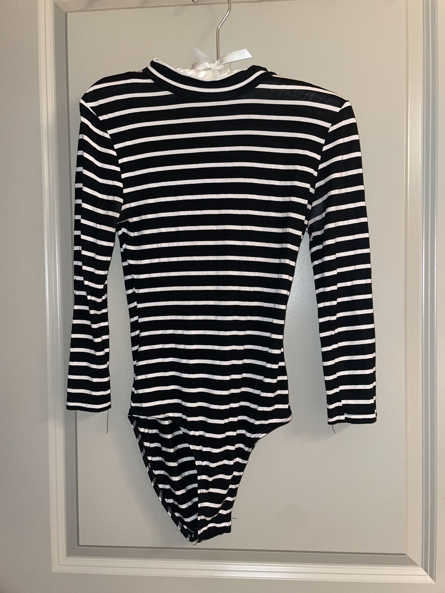 Black And White Stripped Turtleneck Bodysuit