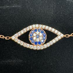 Delicate 925 Sterling Silver Evil Eye Charm Gold Rose Bracelet.