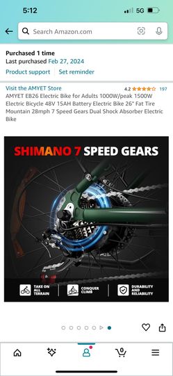 AMYET EB26 Electric Bike for Adults 1000W/peak 1500W Electric Bicycle 48V 15AH Battery Electric Bike 26" Fat Tire Mountain 28mph 7 Speed Gears Dual Sh