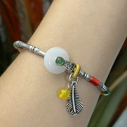 S925 silver white and round jade stone feather charms cuff bangle bracelet,Silver hearts bracelet,Silver irregular cuff bracelet,Everyday bracelet jew