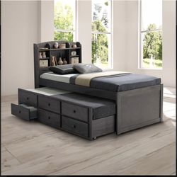 Captain Bed Stain Grey, Trundle w 3 drawers. New Especial price