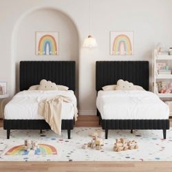 2pcs Twin Bed Frame Velvet Upholstered Platform Bed with Adjustable Vertical Channel Tufted Headboard and Footboard, No Box Spring Required, Easy Asse