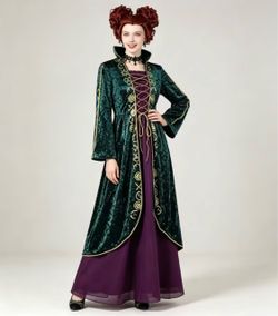 Medieval Noble Witch Costume,Green Velvet & Purple Dress with Wig & Jewelry, -Neck Long & Dress, Machine washable