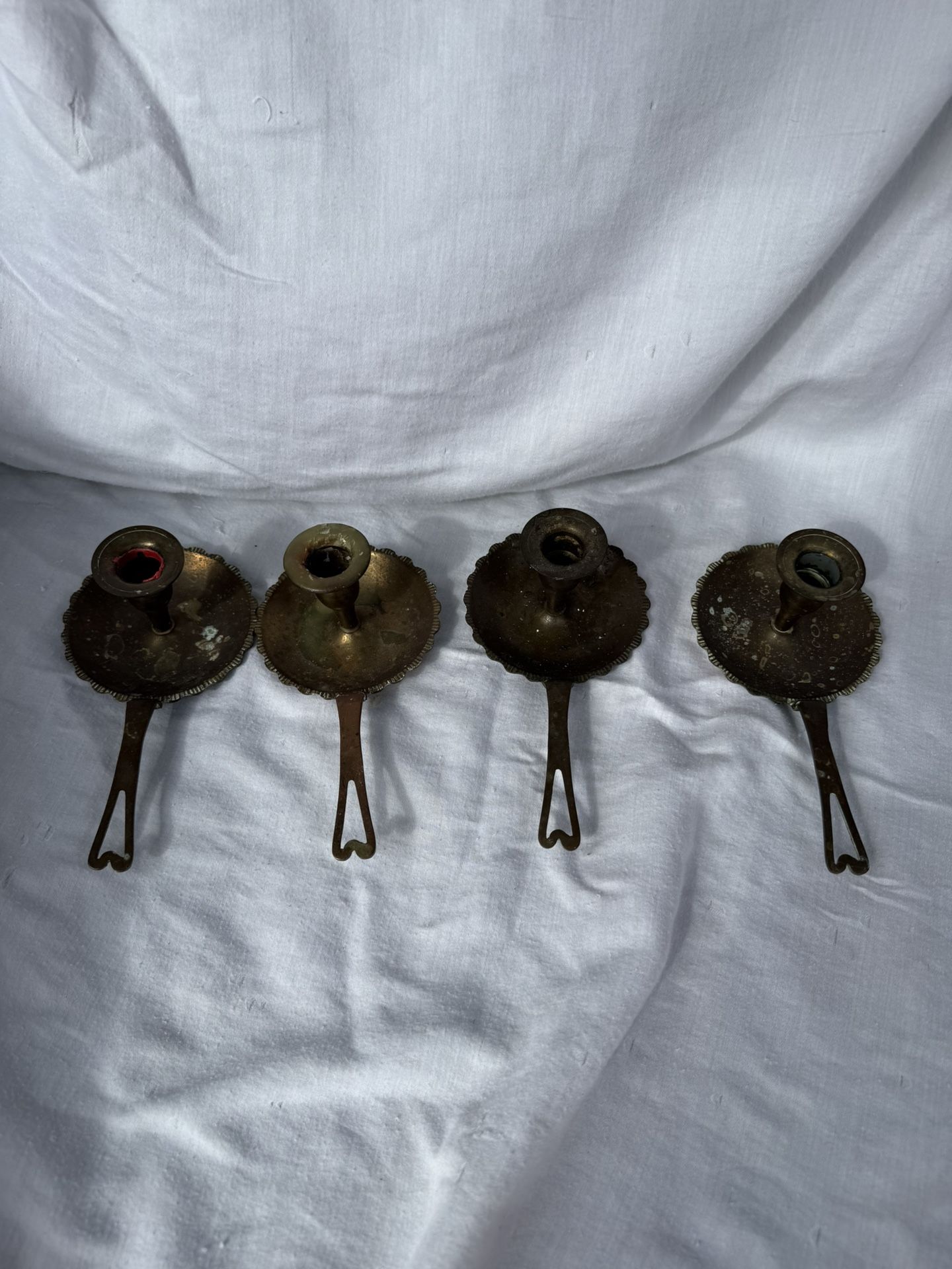 Lot Of 4 Vintage Brass Bed Chamber Candle Stick Holder With Drip Tray And Long Handle