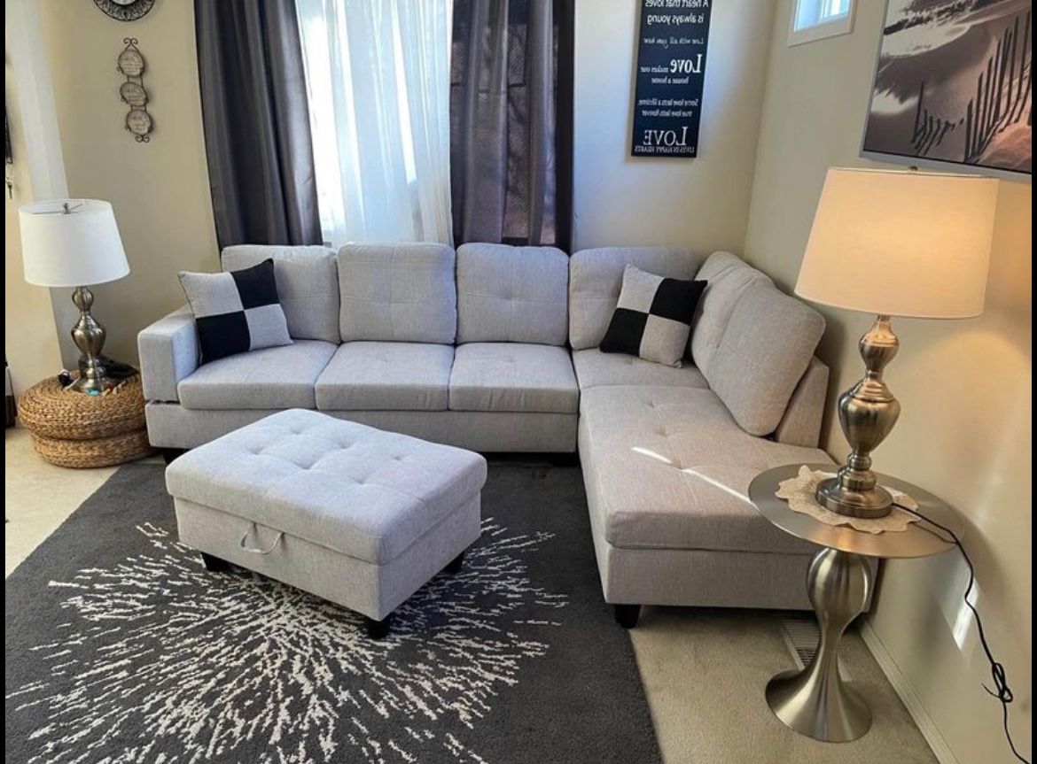 New White Gray Sectional Sofa Couch With Free Ottoman, Chaise And 2 Pillows 