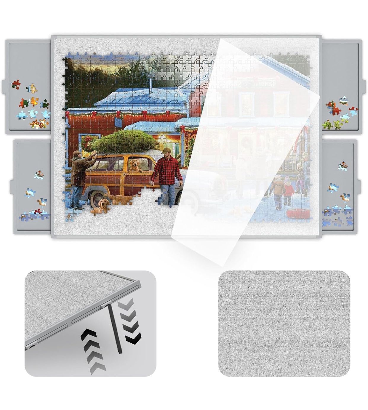 Puzzle Board 1500 Pieces,Jigsaw Puzzle Board with Adjustable Tilting Pole,Felt Surface and Cover,Grey Tilting Puzzle Board with Drawers