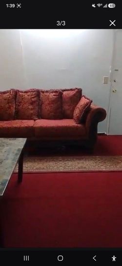 2 red maroon gold 3 seater loveseat sofas