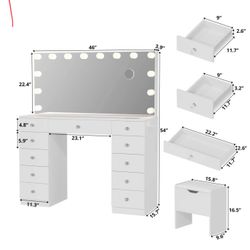 Vanity With 11 Drawers & Lighting Bulbs, Storage Stool & 10X Magnifying Mirror