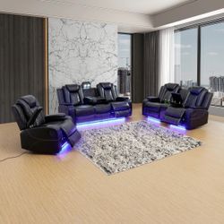 Black Leather Power Electric Recliner Couch Set