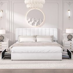 Platform Storage Bed White Metal Plus Wood Bed Frame King Platform Bed with Velvet Upholstered Headboard and 4-Drawers