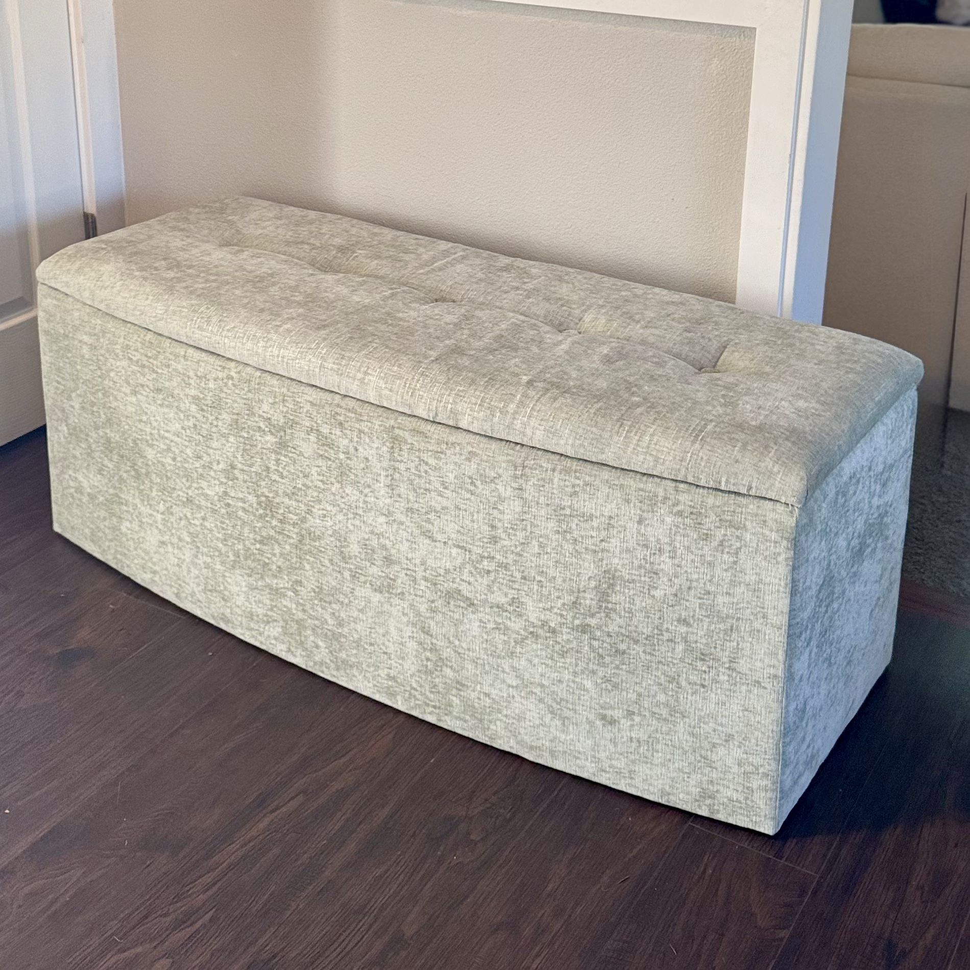 Storage Bench, Upholstered Light Celadon Green Chenille Fabric, 48” Long, Like New