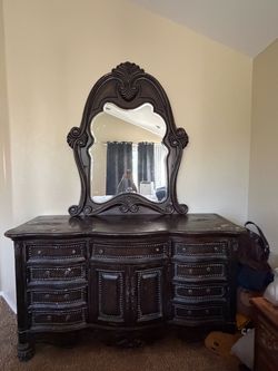 Solid Wood Queen Bed Frame + Dresser & Mirror Set
