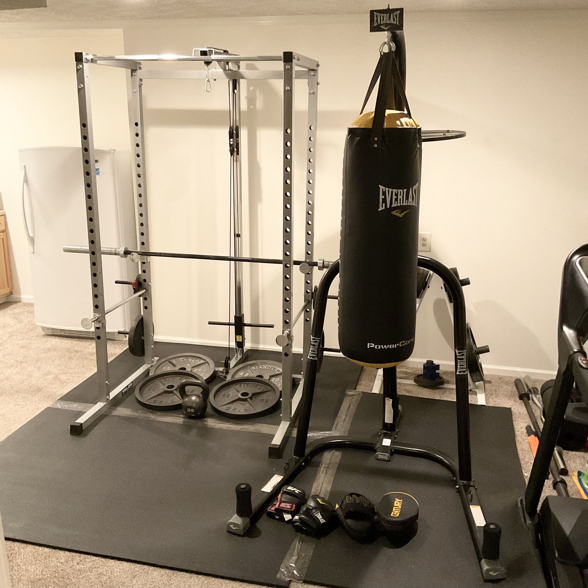Squat Rack, Heavy Bag, Rogue Ohio Power Bar, 45 Pound Plates And Kettlebell