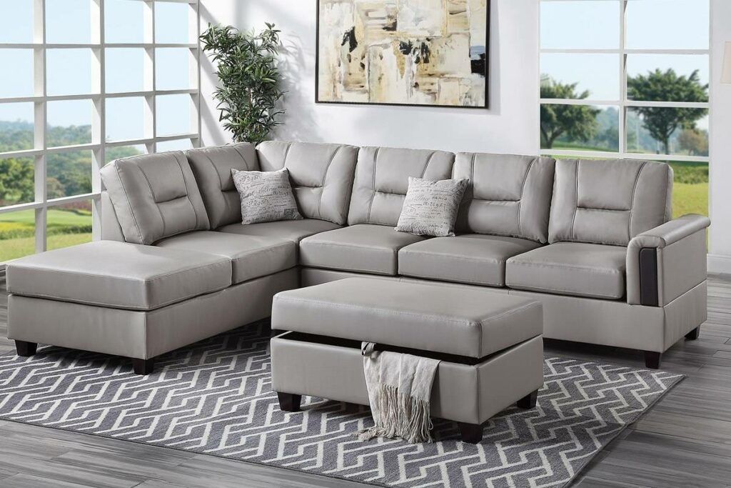 Brand New Light Grey Leather Sectional Sofa w Storage Ottoman