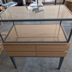 Mid-Century Oak Glass Display Cabinet with Storage Drawers


