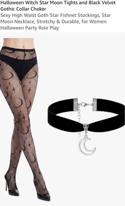 Halloween Witch Star Moon Tights with Black Velvet Gothic Collar Choker