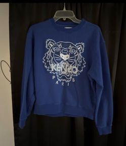 KENZO Men's Blue Tiger Graphic Crewneck Pullover Sweatshirt Embroidered Logo S