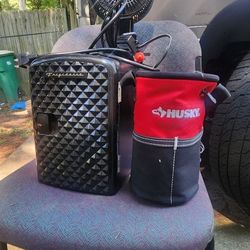 Mini portable cooler, a new Husky brand mini tool bag, and a portable ventilator used twice.