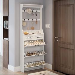 White Entryway Shoe Cabinet with Hooks and Drawers