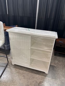 White Beadboard Storage Cabinet with Open Shelving