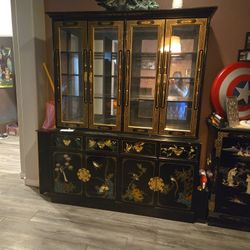 Large Asian Curio Glass Shelves 4 Drawers