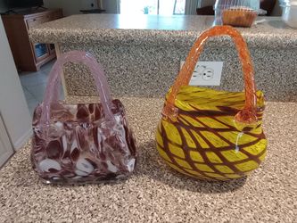2 Glass Purse Handbag Vase Like Murano Style Green Brown Purple Art Deco Decor Handmade Hand Blown